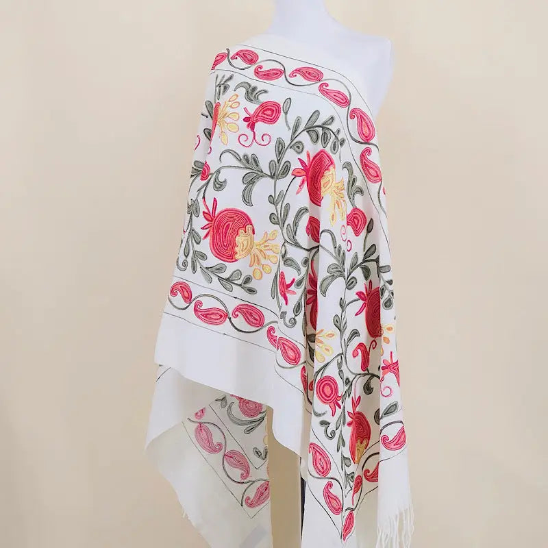 Gourd Pomegranate Blossom Embroidery Scarf Cashmere Shawl - Milky White - Shawl