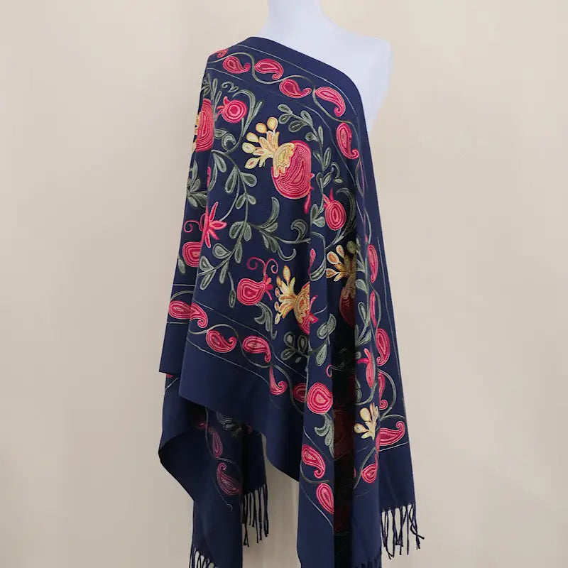 Gourd Pomegranate Blossom Embroidery Scarf Cashmere Shawl - Navy Blue - Shawl