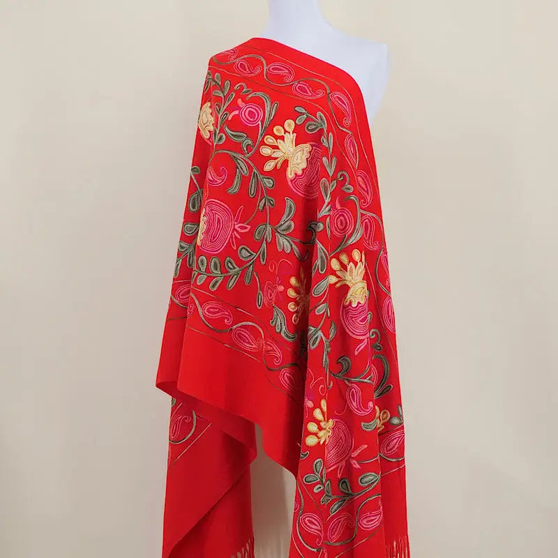 Gourd Pomegranate Blossom Embroidery Scarf Cashmere Shawl - Red - Shawl
