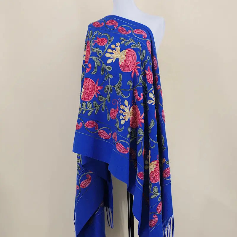 Gourd Pomegranate Blossom Embroidery Scarf Cashmere Shawl - Sapphire Blue - Shawl
