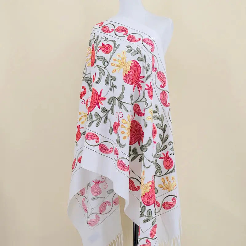 Gourd Pomegranate Blossom Embroidery Scarf Cashmere Shawl - White - Shawl