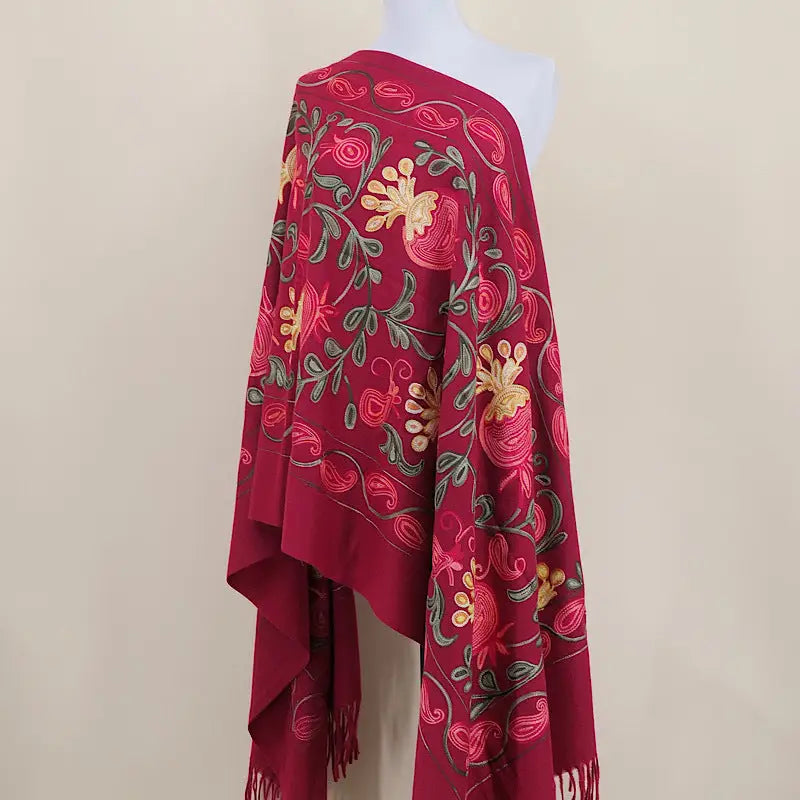 Gourd Pomegranate Blossom Embroidery Scarf Cashmere Shawl - Wine Red - Shawl