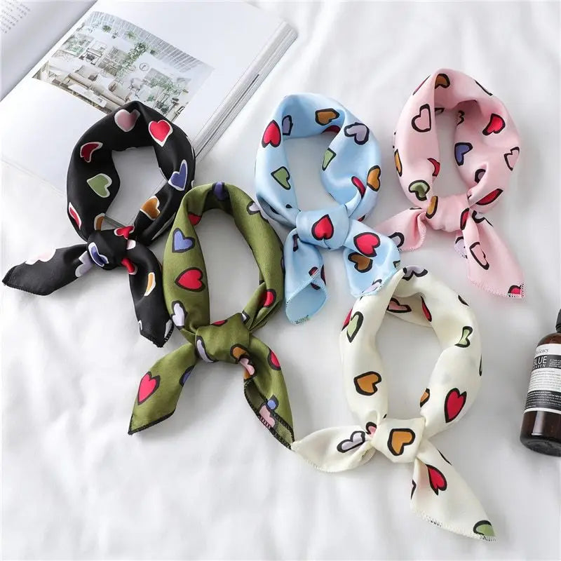 Heart Print Small Silk Scarf Neck Scarf Neckerchief Bandana