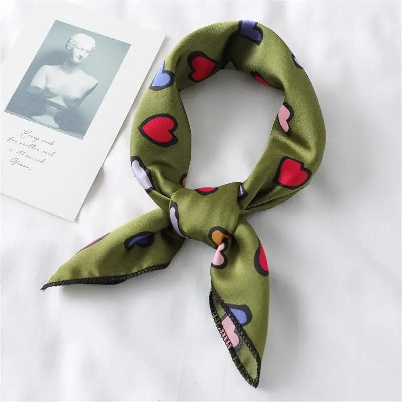 Heart Print Small Silk Scarf Neck Scarf Neckerchief Bandana - Army Green