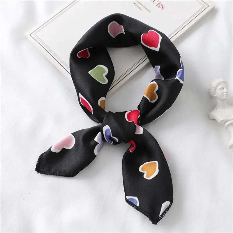 Heart Print Small Silk Scarf Neck Scarf Neckerchief Bandana - Black