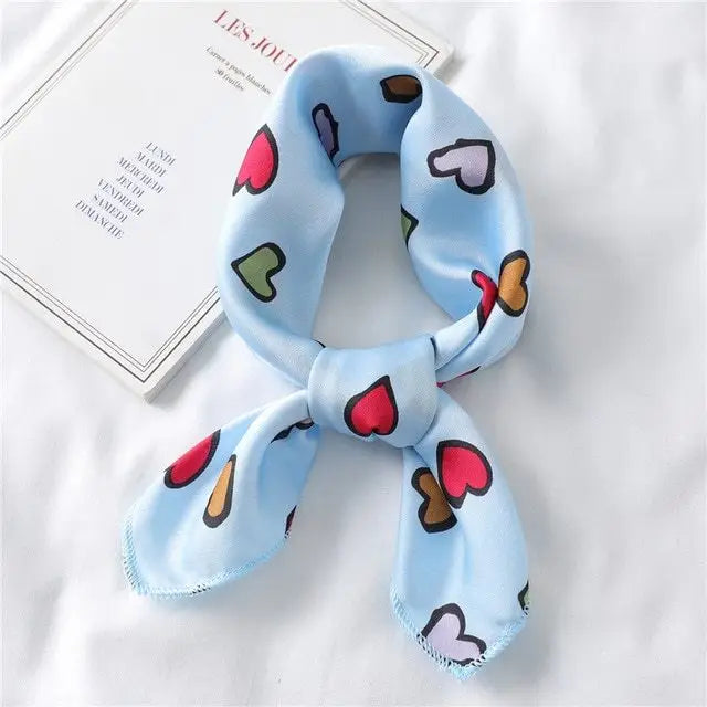 Heart Print Small Silk Scarf Neck Scarf Neckerchief Bandana - Blue