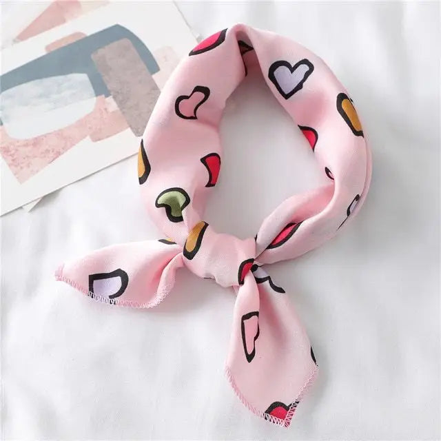Heart Print Small Silk Scarf Neck Scarf Neckerchief Bandana - Pink