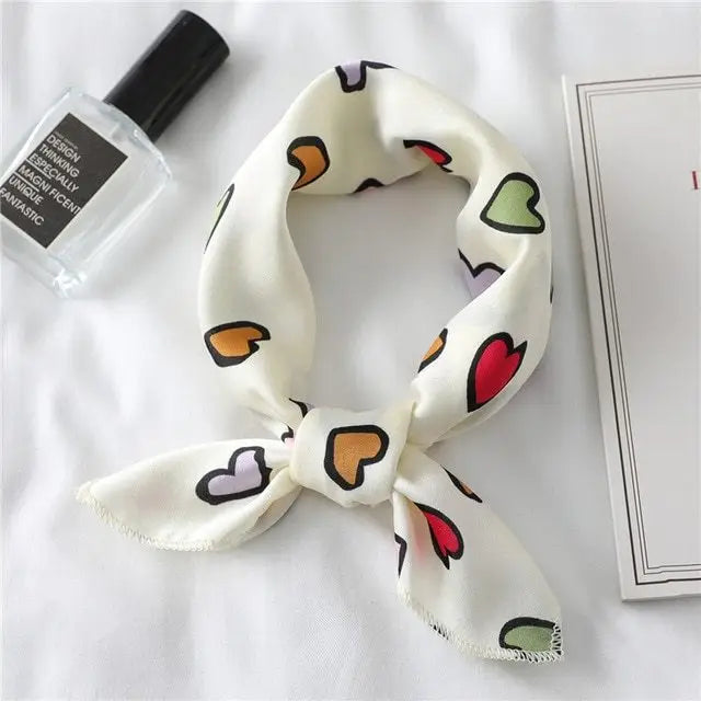 Heart Print Small Silk Scarf Neck Scarf Neckerchief Bandana - White