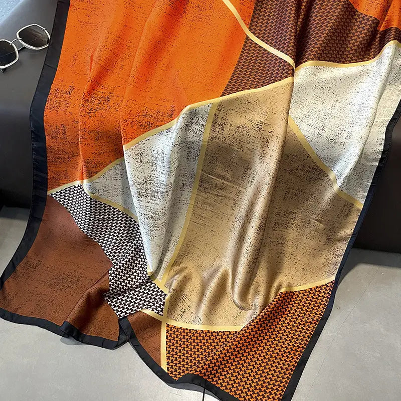 Houndstooth Color Matching New Silk Satin Scarf - Orange / 180x90cm