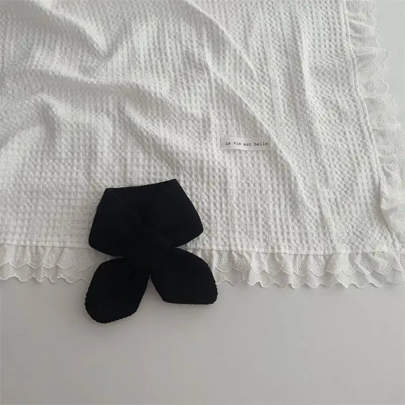 Korean Style Solid Colour Knitted Cross Scarf - Black / Children - Korean Style Solid Colour Knitted Cross