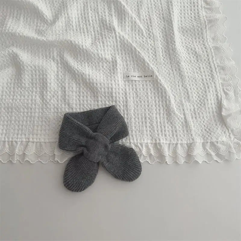 Korean Style Solid Colour Knitted Cross Scarf - Grey / Children - Korean Style Solid Colour Knitted Cross