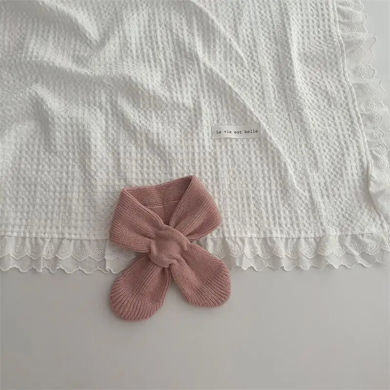 Korean Style Solid Colour Knitted Cross Scarf - Pink / Children - Korean Style Solid Colour Knitted Cross
