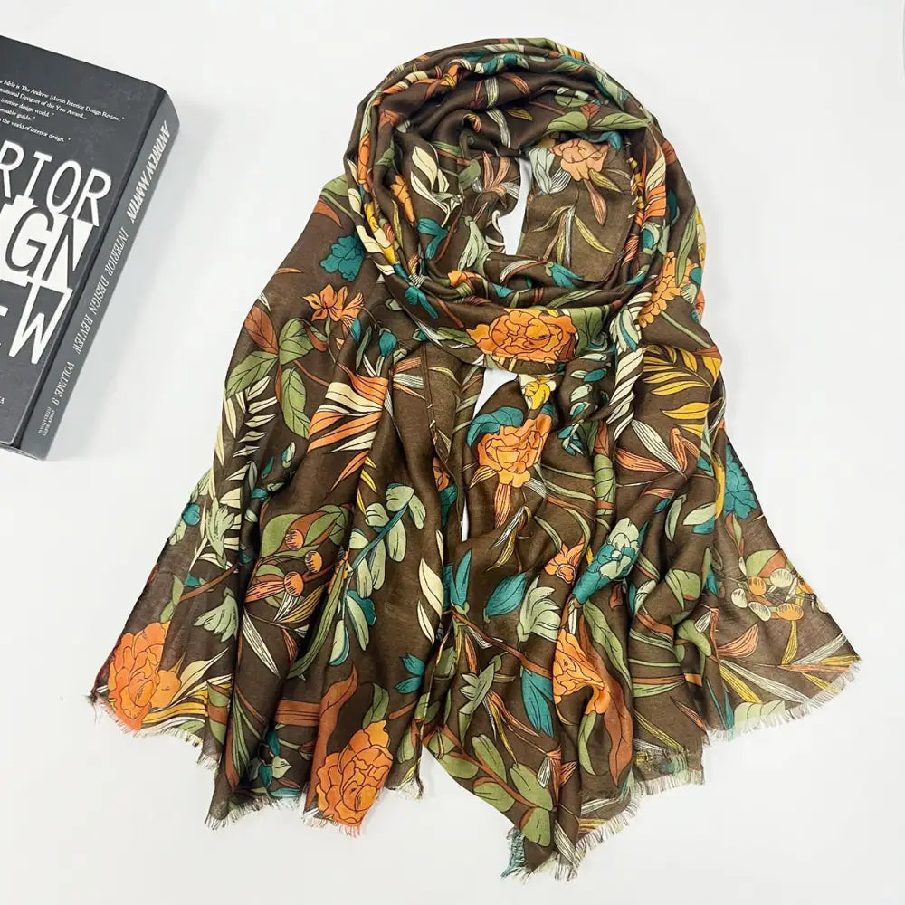 Ladies’ Premium Tassel Printed Shawl Long Summer Scarf - Brown - Tassel Scarf