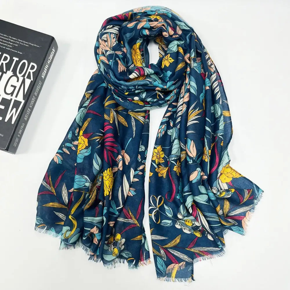 Ladies’ Premium Tassel Printed Shawl Long Summer Scarf - Navy Blue - Tassel Scarf