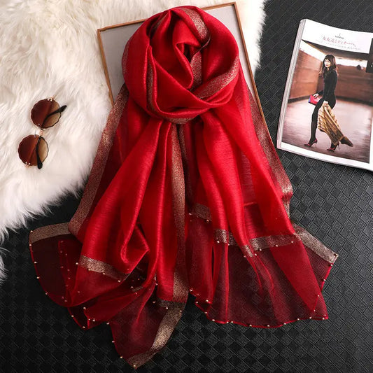 Long Silk Scarf Women’s Thin Scarf All-matching Luxury Shawl - Big red / 65x185 - Silk Scarf