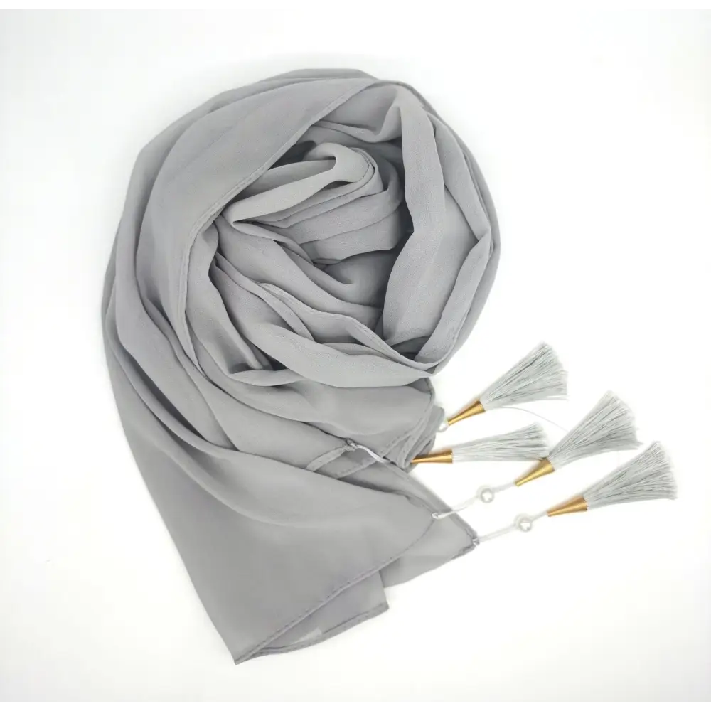 Long Tassel Chiffon Hijab - Agate grey / 70x175cm
