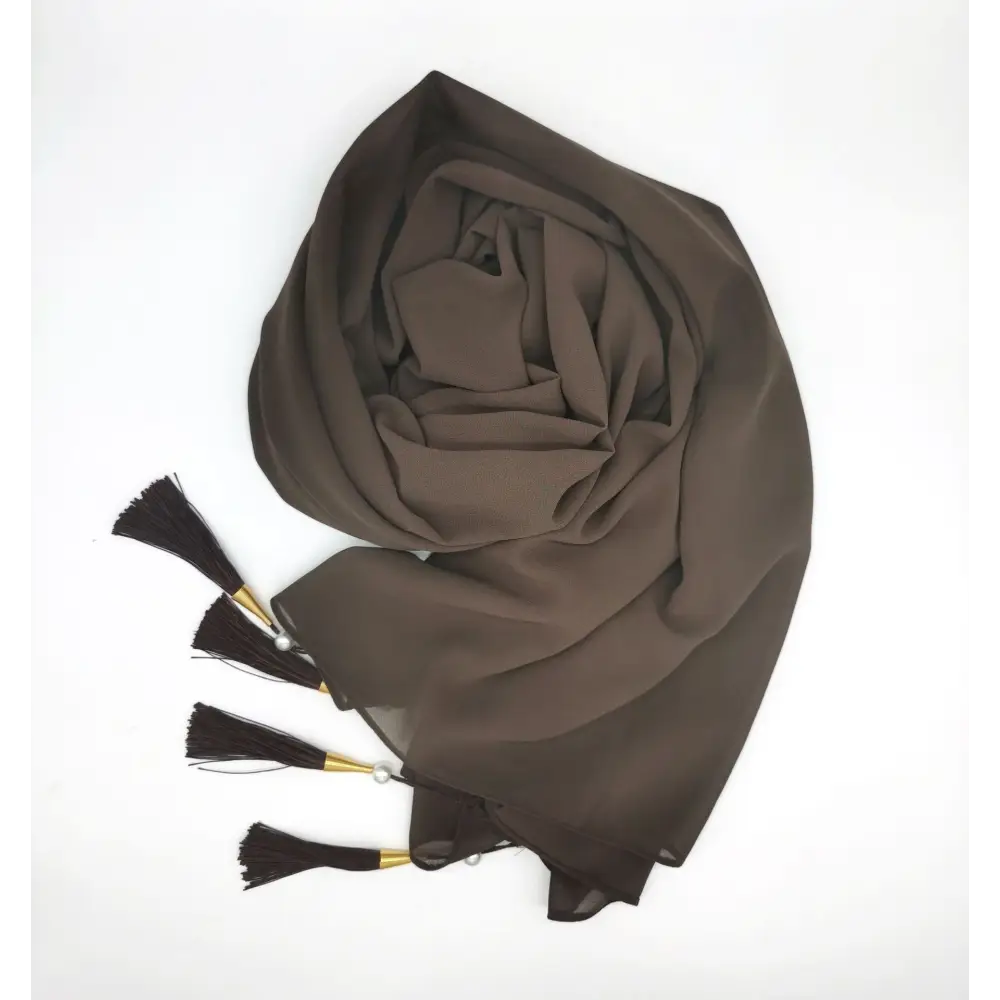 Long Tassel Chiffon Hijab - Brown / 70x175cm