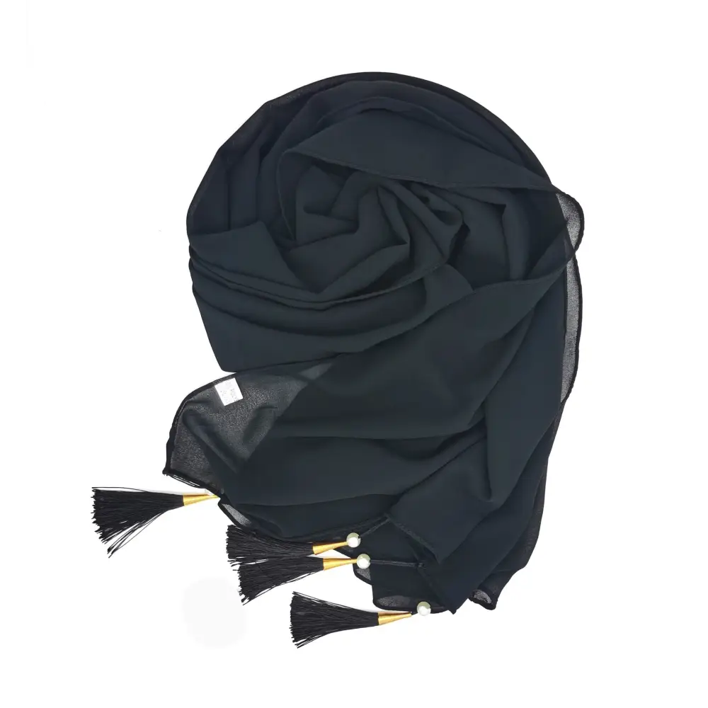 Long Tassel Chiffon Hijab - Classic black / 70x175cm