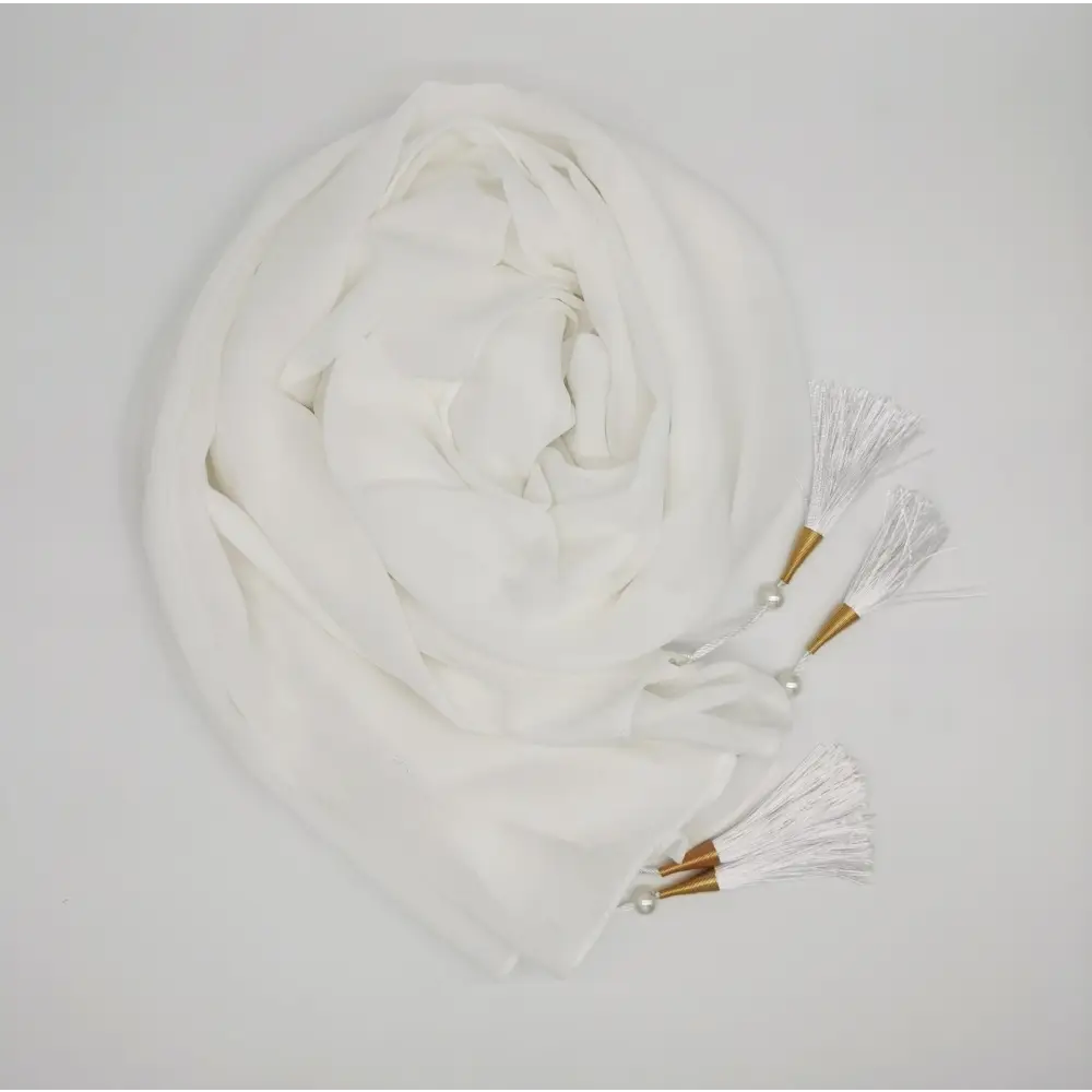 Long Tassel Chiffon Hijab - Cream white / 70x175cm