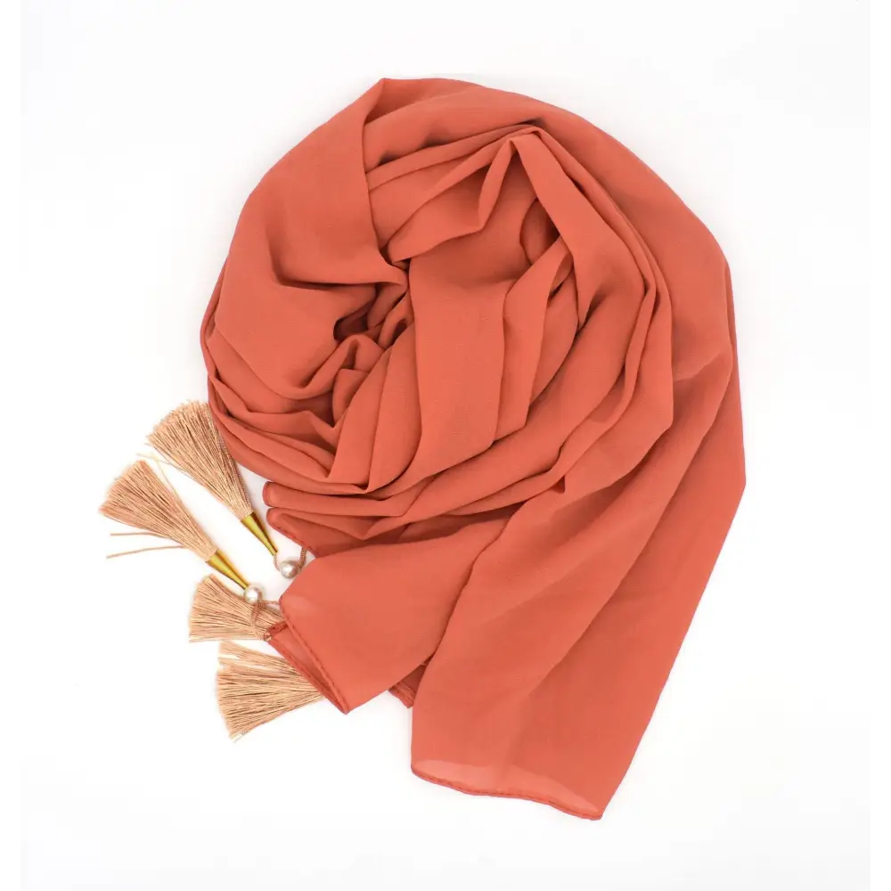 Long Tassel Chiffon Hijab - Crimson / 70x175cm