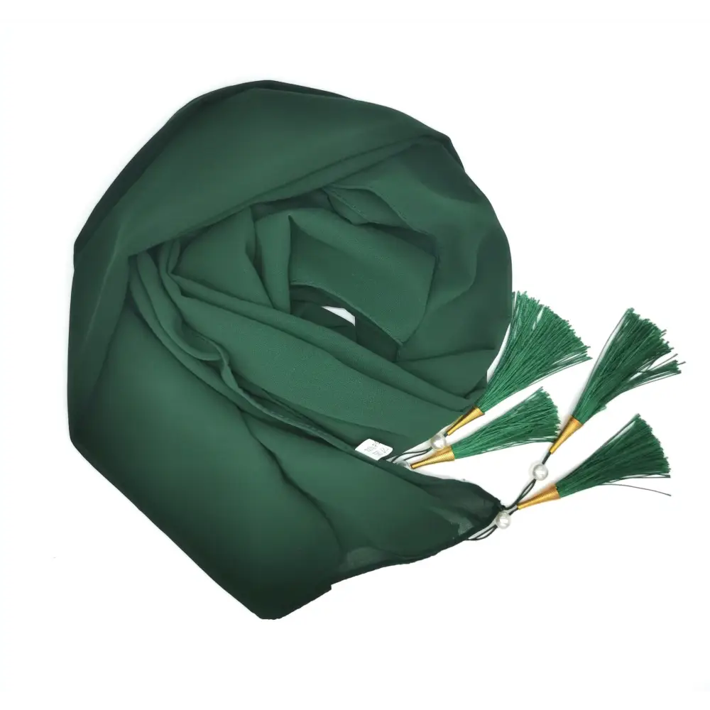 Long Tassel Chiffon Hijab - Emerald / 70x175cm