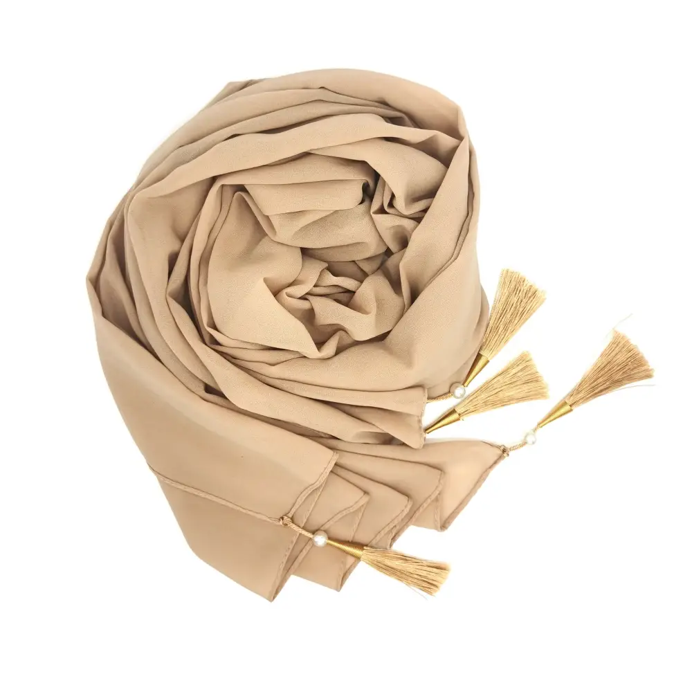 Long Tassel Chiffon Hijab - Milk tea color / 70x175cm