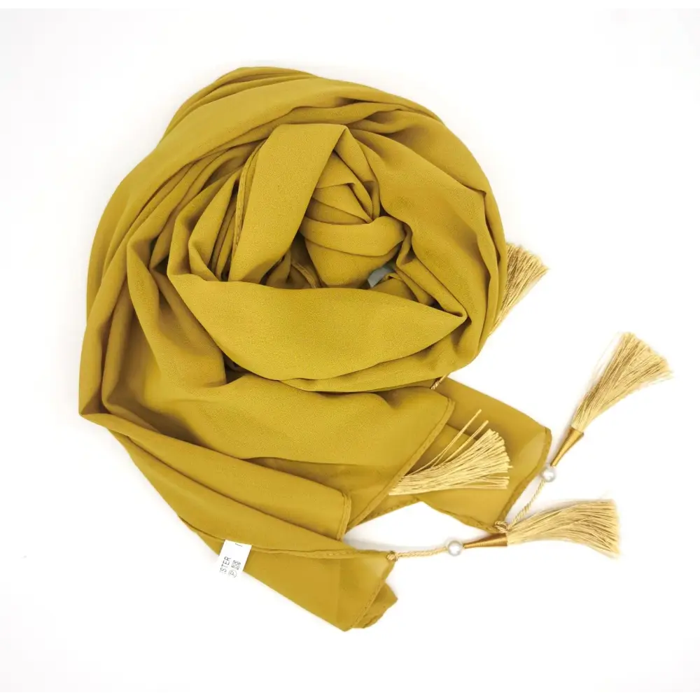 Long Tassel Chiffon Hijab - Mustard yellow / 70x175cm