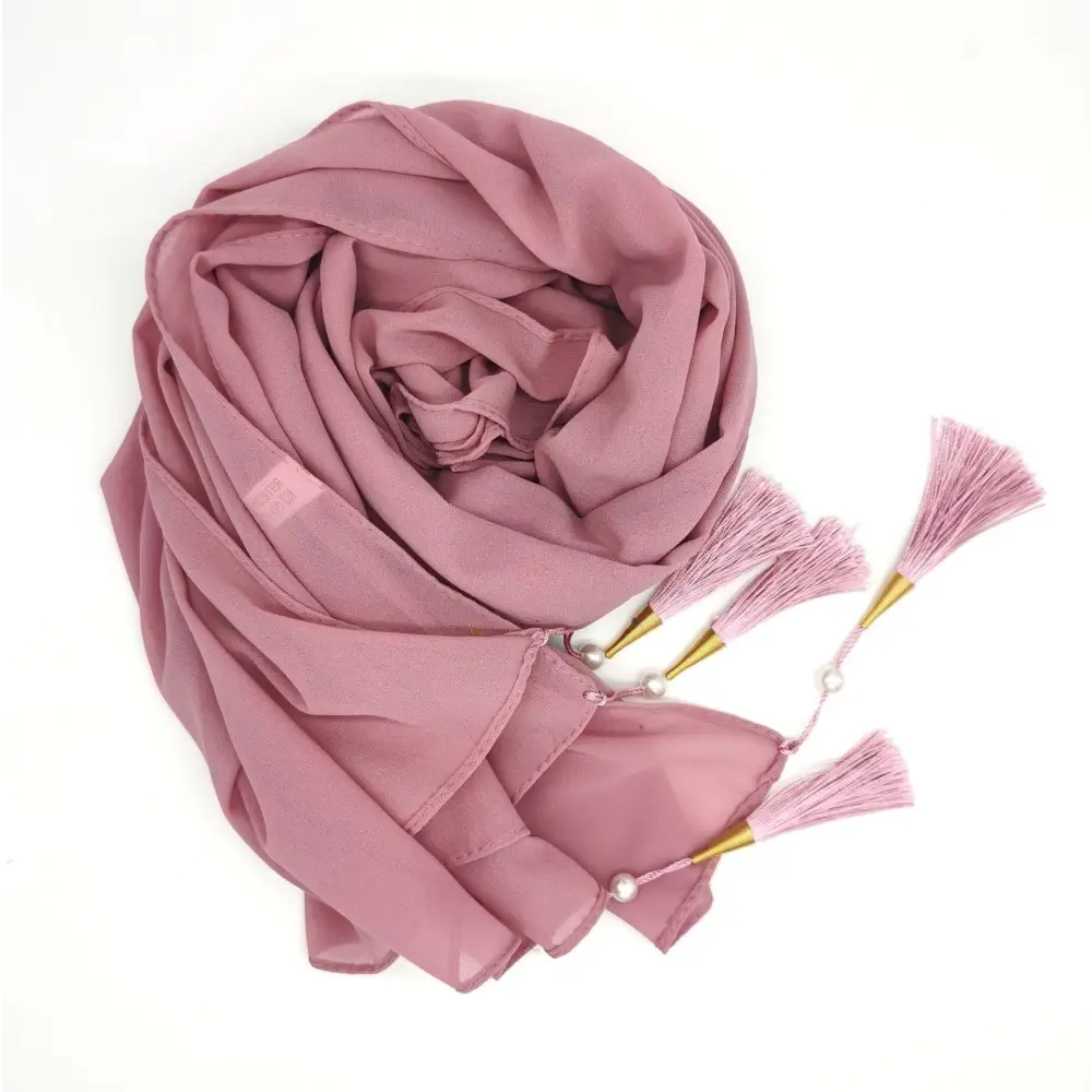 Long Tassel Chiffon Hijab - Peach pollen / 70x175cm