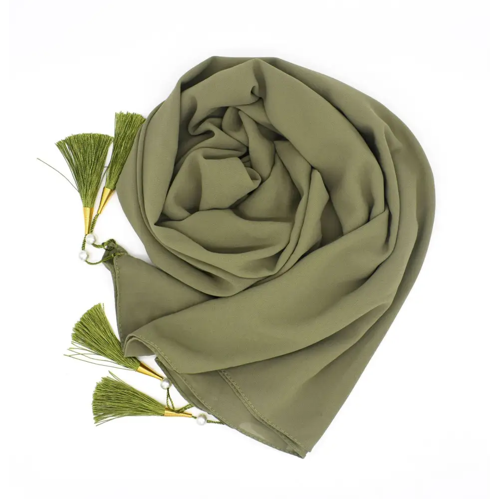 Long Tassel Chiffon Hijab - Pine leaf color / 70x175cm