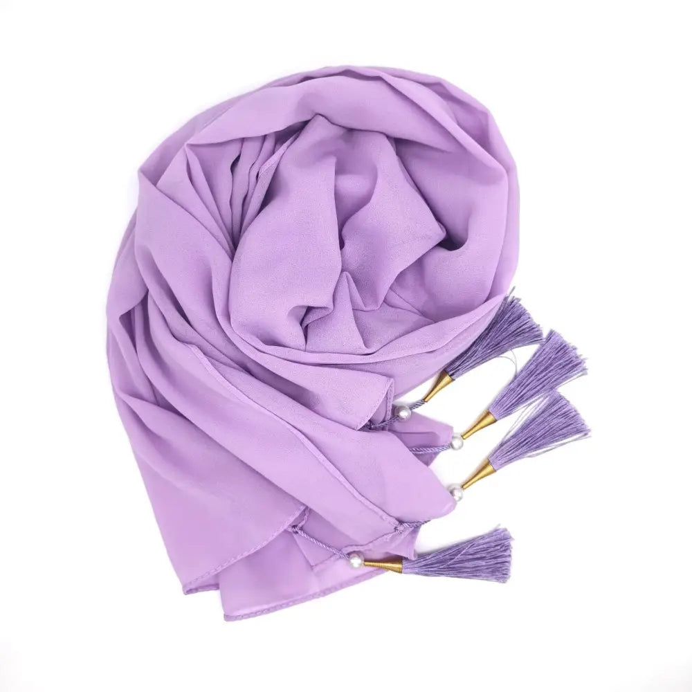 Long Tassel Chiffon Hijab - Thin vine purple / 70x175cm