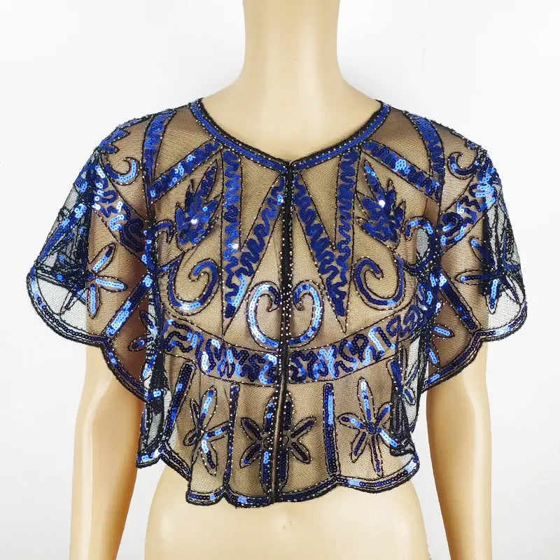 Mesh Beads Sequined Shawl Cape Coat For Women - Black And Blue
