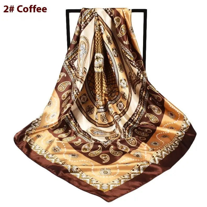Minimalist Patterned Silk Satin Square Scarf - Coffee / 90x90cm