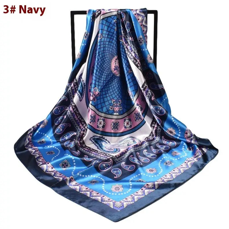Minimalist Patterned Silk Satin Square Scarf - Navy Blue / 90x90cm