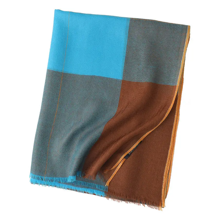 Multicolour Plaid Long Bib Luxury Cashmere Shawl - Coffee