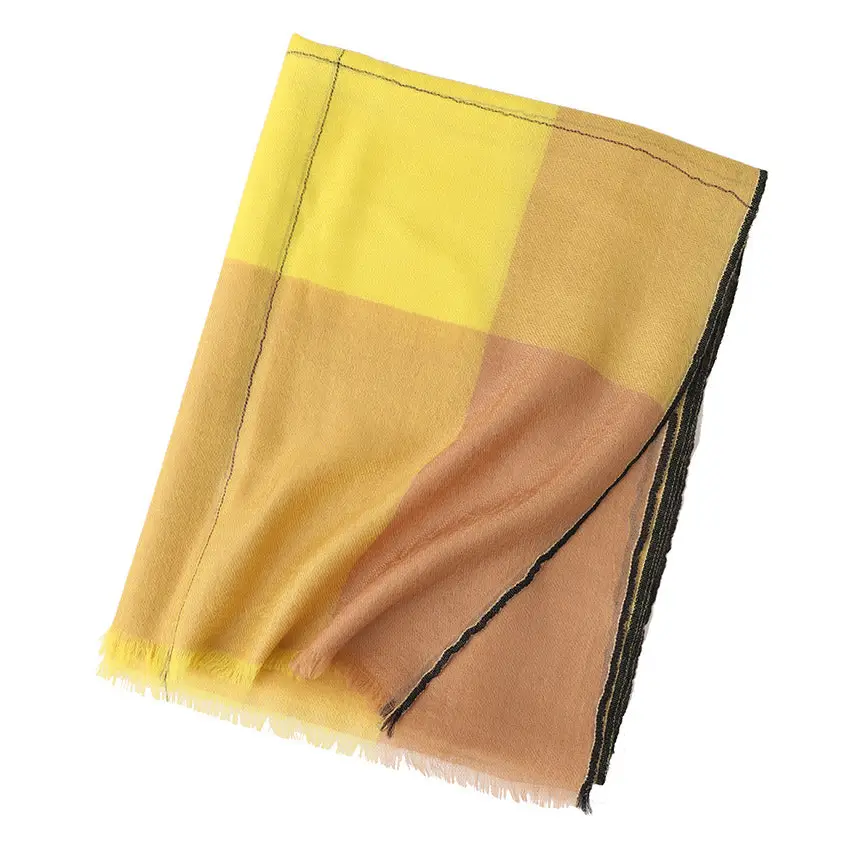 Multicolour Plaid Long Bib Luxury Cashmere Shawl - Yellow