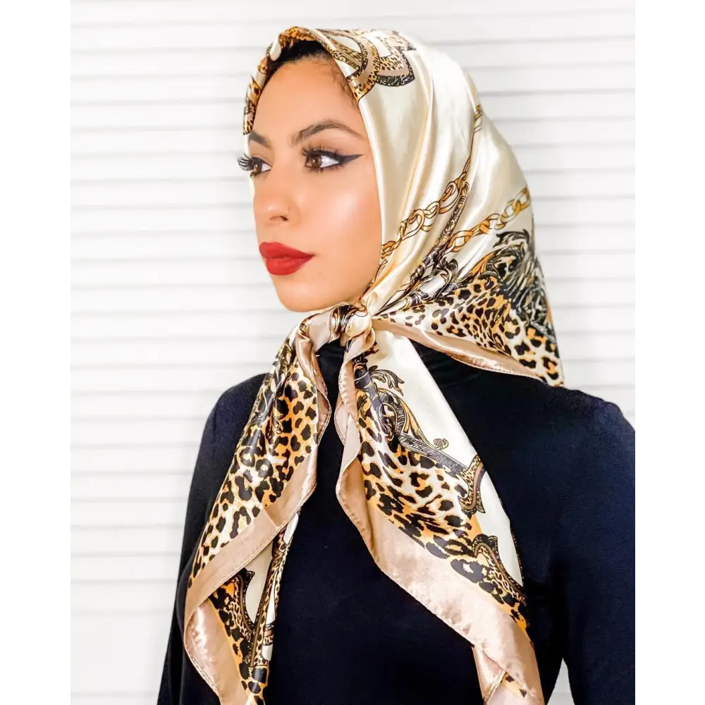 Multipurpose Chain Printed Scarf Women’s Casual Scarf Satin Large Square Scarf - Beige With Leopard Print / 90*90cm