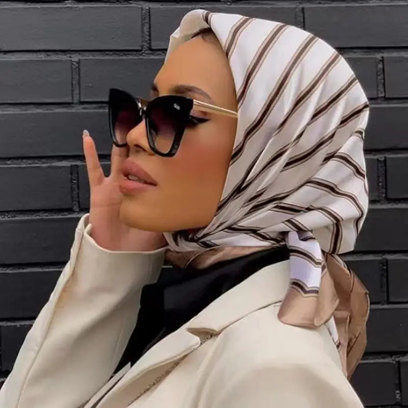 Multipurpose Chain Printed Scarf Women’s Casual Scarf Satin Large Square Scarf - Milk Tea Color Stripes / 90*90cm