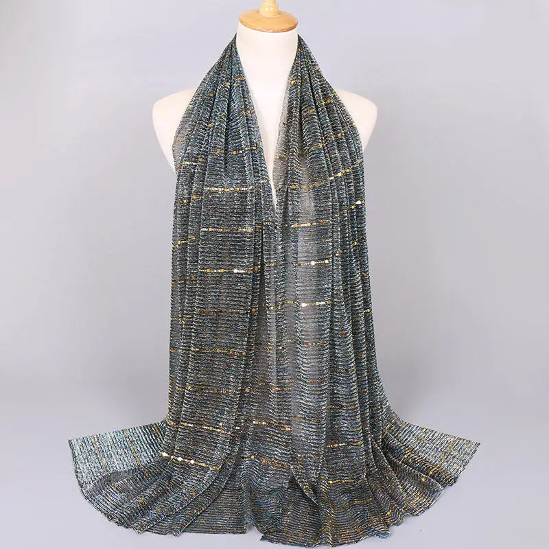 New Women’s Lamp Wick Silk Sequined Scarf - 10 Haqing / 180x65cm