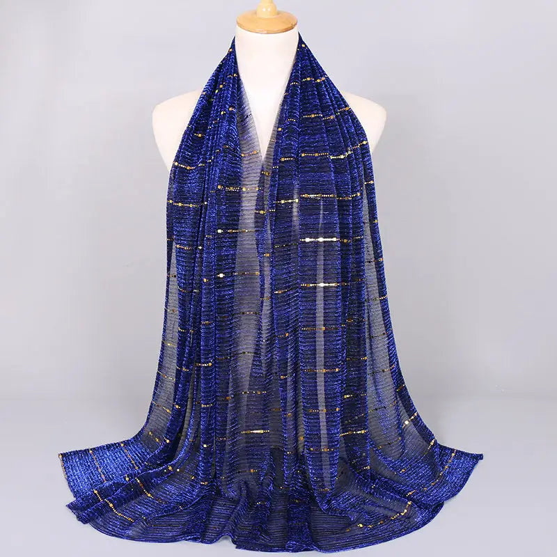 New Women’s Lamp Wick Silk Sequined Scarf - 11 Sapphire Blue / 180x65cm