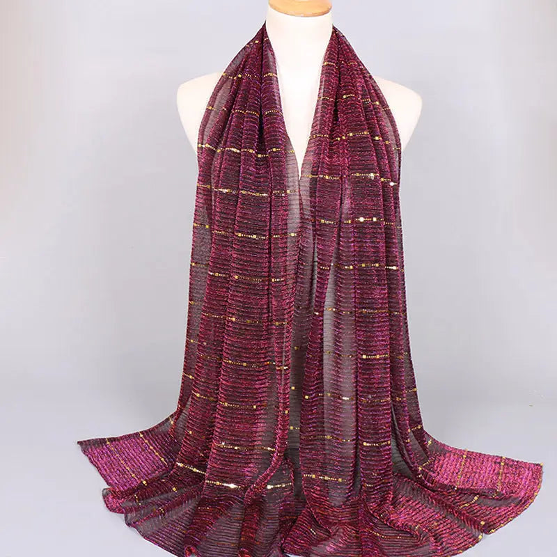 New Women’s Lamp Wick Silk Sequined Scarf - 15 Wine Red / 180x65cm