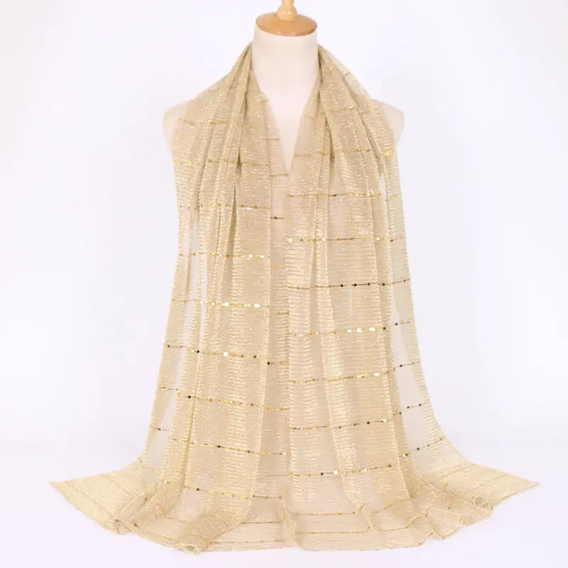 New Women’s Lamp Wick Silk Sequined Scarf - 16 Khaki / 180x65cm