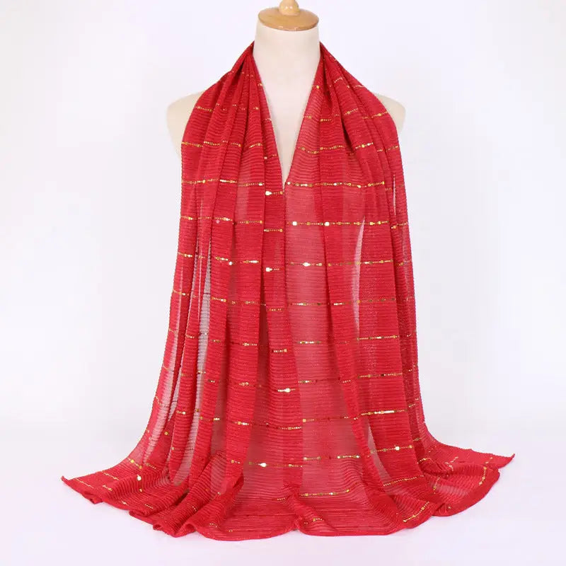 New Women’s Lamp Wick Silk Sequined Scarf - 17 Red / 180x65cm