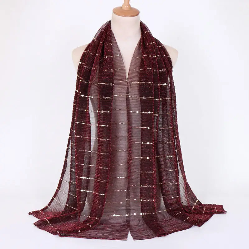 New Women’s Lamp Wick Silk Sequined Scarf - 19 Black And Red Threads / 180x65cm