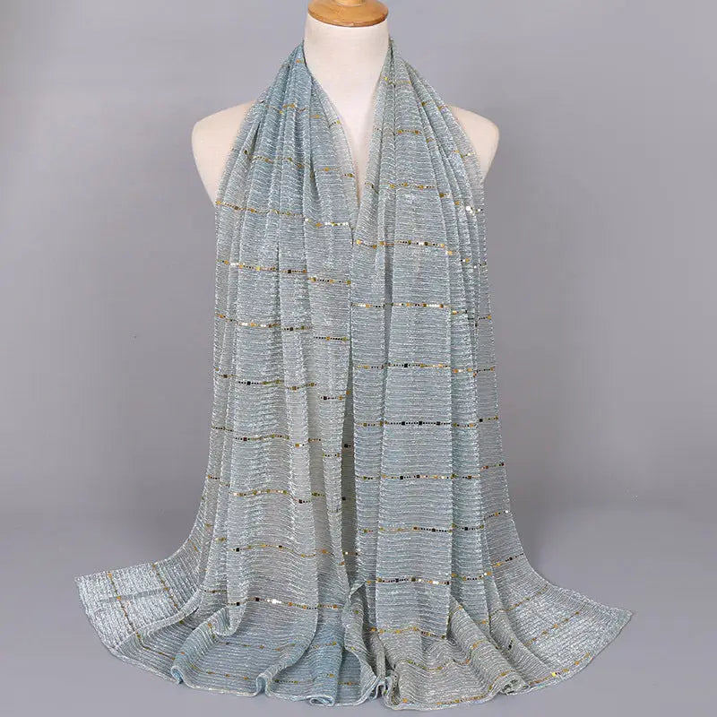New Women’s Lamp Wick Silk Sequined Scarf - 5 Blue And Green / 180x65cm