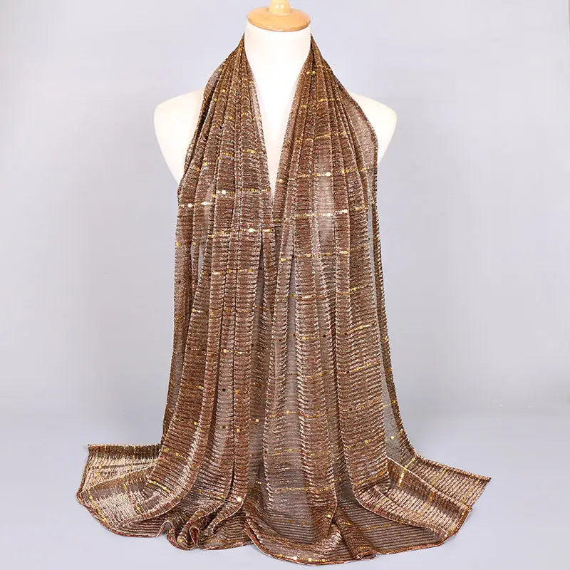 New Women’s Lamp Wick Silk Sequined Scarf - 8 Coffee / 180x65cm
