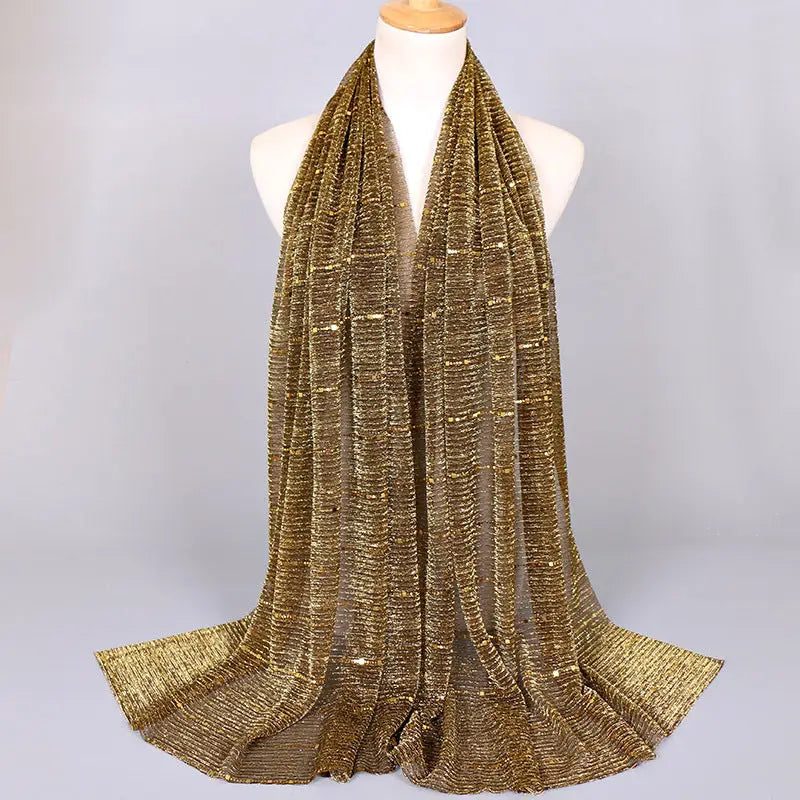 New Women’s Lamp Wick Silk Sequined Scarf - 9 Yellowish Brown / 180x65cm