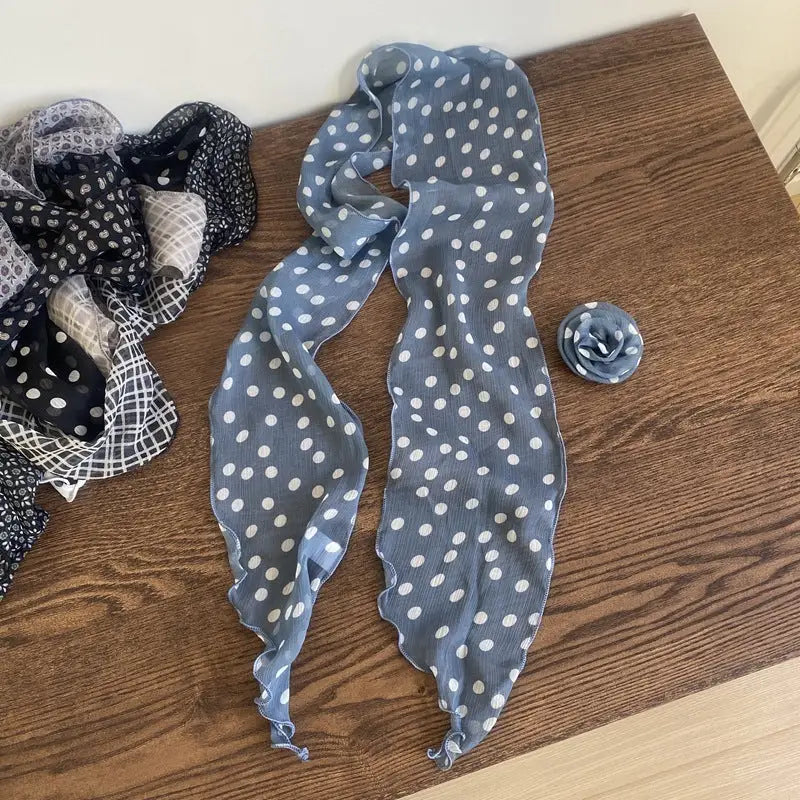 Removable Retro Flower Neck Scarf - Blue Polka Dots - Summer Scarf