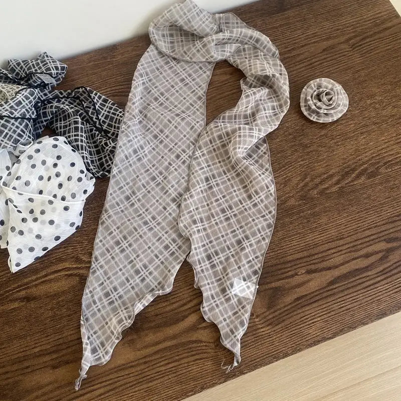 Removable Retro Flower Neck Scarf - Mocha Plaid - Summer Scarf