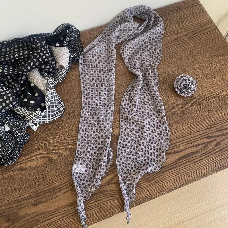 Removable Retro Flower Neck Scarf - Silver Gray Flower - Summer Scarf