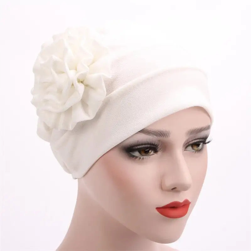 Side Decals Solid Color Large Flower Headscarf Confinement Hat Muslim - White / adjustable